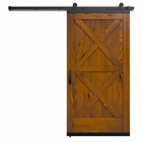JELD-WEN 36 in. x 80 in. Karona Crossbuck Brown Sugar Stained Rustic White Oak Wood Sliding Barn Door with Hardware Kit