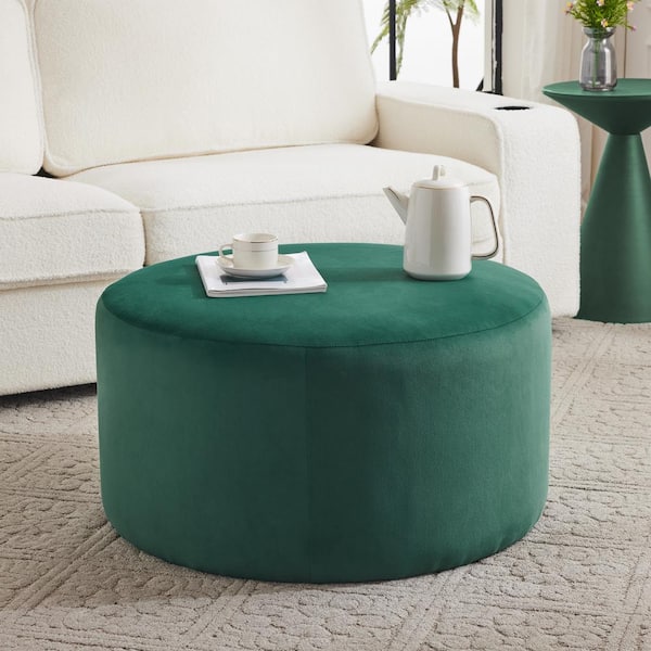 Noble House Olive Green Velvet Round Accent Ottomans