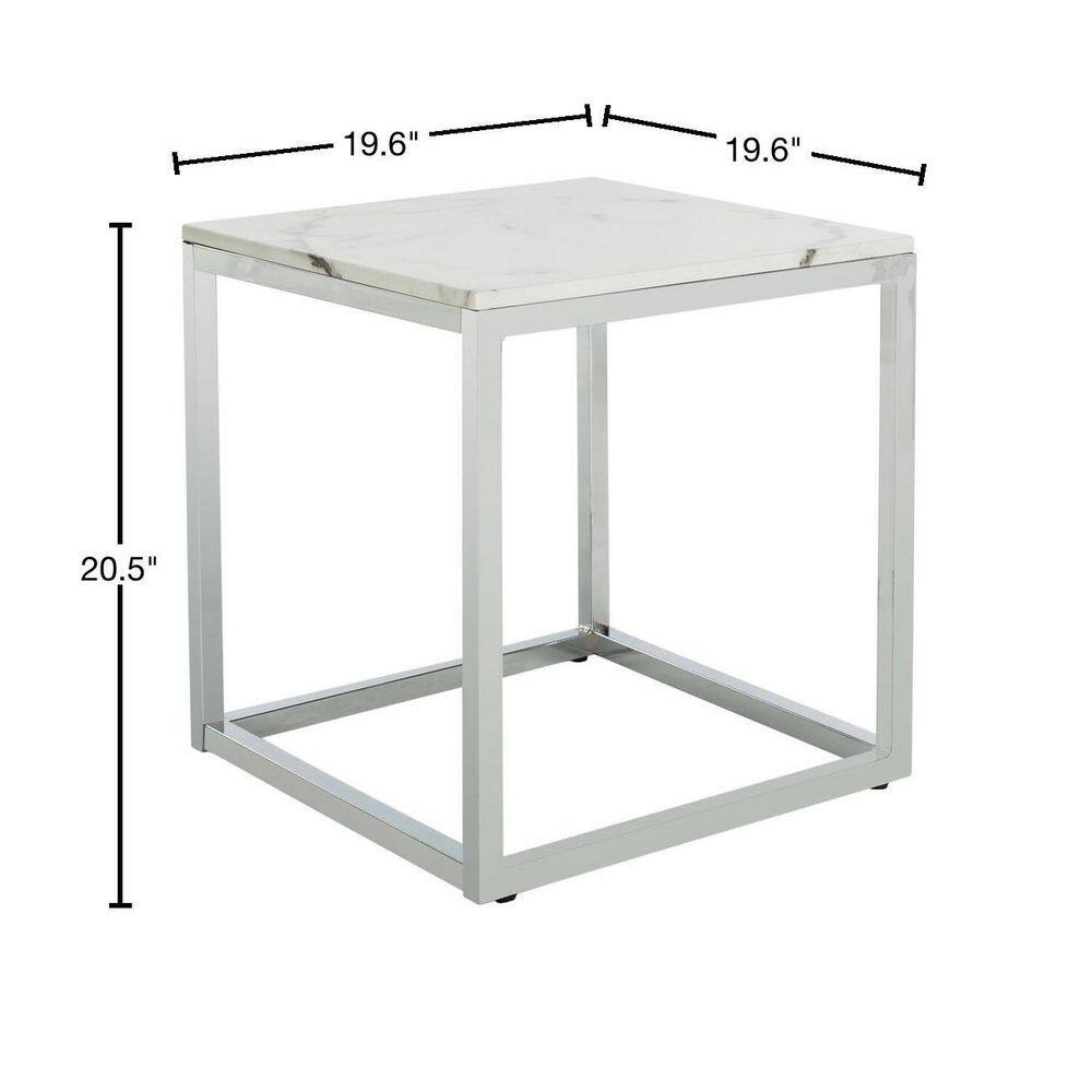 Bethany 20" White Marble and Chrome Square End Table