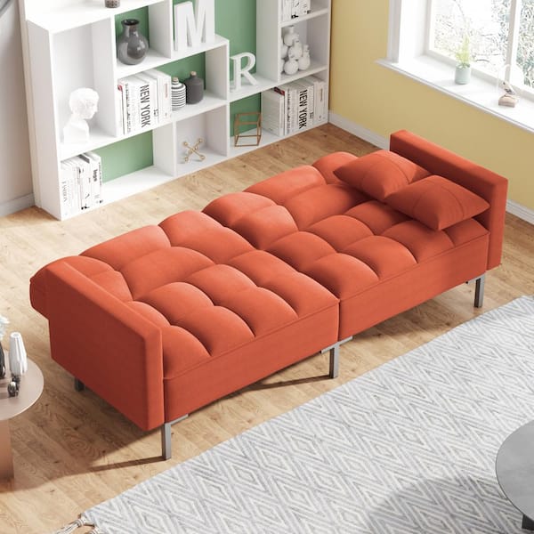 74.75 in. W Orange Linen Twin Size Sofa Bed Convertible Folding Futon for Compact Living Space, Apartment, Dorm