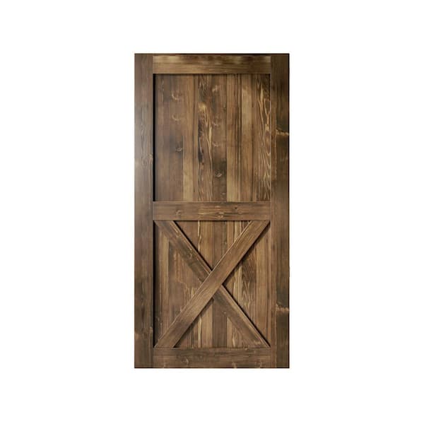 HOMACER 46 in. x 84 in. X-Frame Walnut Solid Natural Pine Wood Panel Interior Sliding Barn Door Slab with Frame