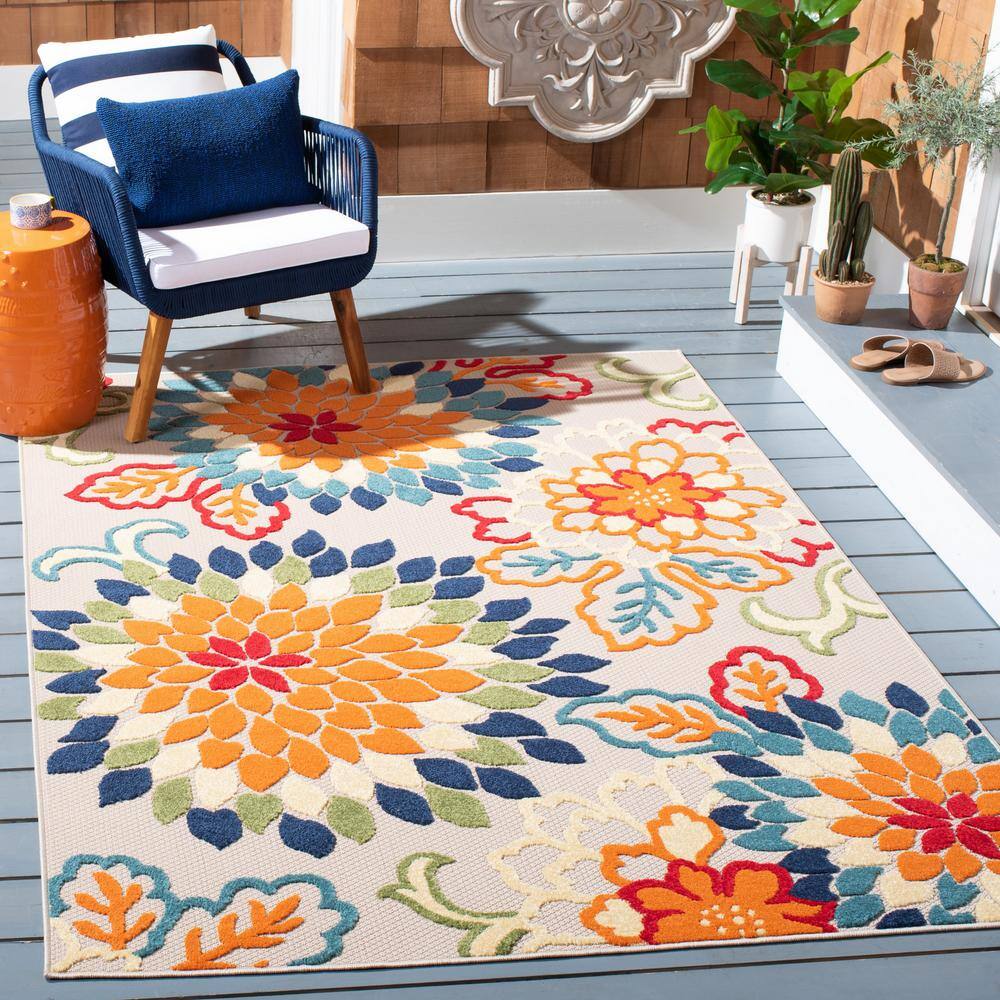 Ivory and Orange Floral Synthetic Rectangular Rug, 5'3" x 7'6"