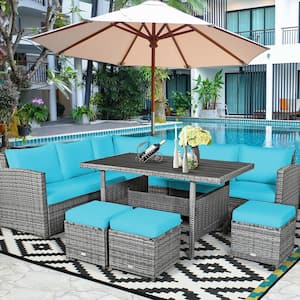 7-Pieces Wicker Patio Conversation Sectional Seating Set with Turquoise Cushions