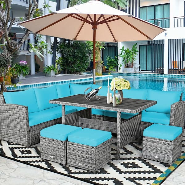 7-Pieces Wicker Patio Conversation Sectional Seating Set with Turquoise Cushions