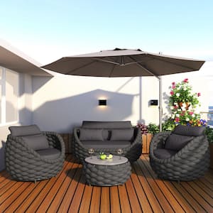 Black 4-Piece Aluminum Outdoor Patio Conversation Sets with Dark Gray Seat Cushions and back Cushions