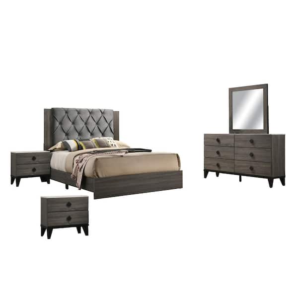 Best Quality Furniture Madelyn 5-Piece Grey-Walnut Color Full Bedroom Set with Nightstand