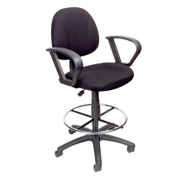BOSS Office Products Black Fabric Drafting Chair with Loop Arms and Seat Heigh Adjustment