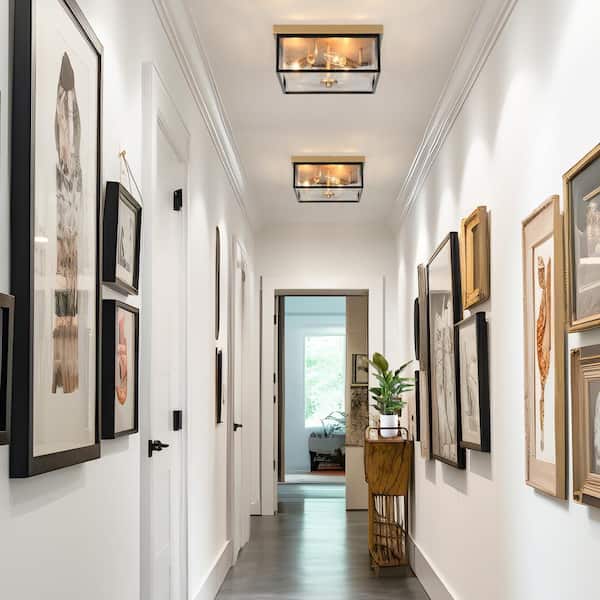 Modern 12 in. 3-Light Dark Gold Flush Mount Ceiling Light with Square Seeded Glass, Black Bedroom Ceiling Light Fixtures