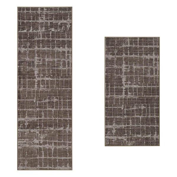 Theo Theo Brown 2 ft. x 6 ft. Woven Abstract Polyester 2-Piece Set Area Rug