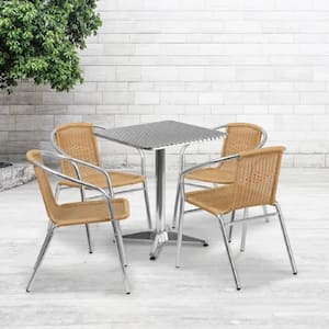 5-Piece Aluminum Outdoor Dining Set 23.5 in. Round Outdoor Table Set with 4 Rattan Chairs in Beige