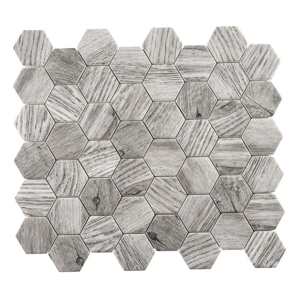 Terrain Thunder Gray 4.5 in. x 8.25 in. Hexagon Wood-Look Smooth Glass Mosa