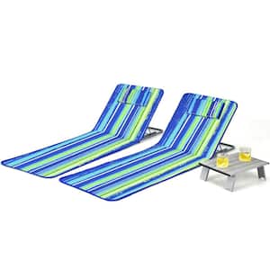 Silver 3-Piece Metal Outdoor Beach Lounge Chair Mat 2-Pack Adjustable Lounge Chairs with Table Stripe Blue