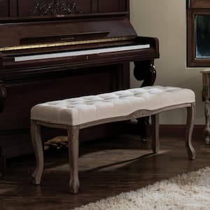 Beige Long French Vintage Upholstered Bench with Carved Solid Wood Frame 18.8 in. H x 44 in. W x 13.5 in. D