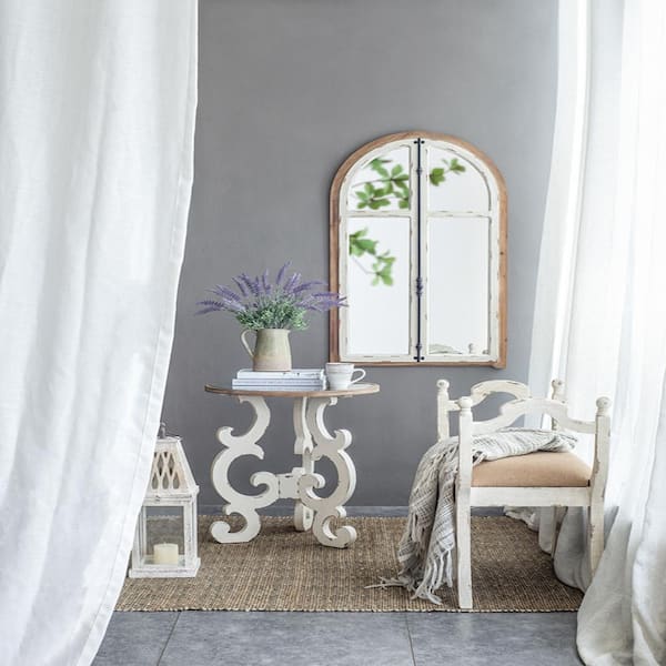 Unbranded 27.6 in. W x 48 in. H Arch Wood Framed Brown Antique White Wall Mounted Decorative Mirror for Living Room, Entrance