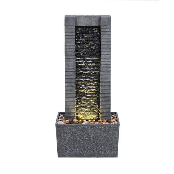29.25 in. Modern Outdoor Waterfall Fountain with LED Lights, Black and Stone Gray