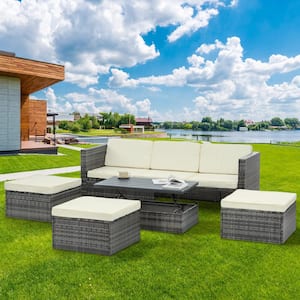 5-Piece Rattan Wicker Outdoor Sofa Sectional Set and Lift. Top Coffee Table with Beige Cushions