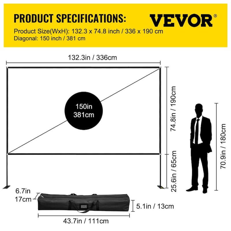 Projector Screen with Stand 150 in. Portable Movie Screen 16:9 4K HD Wide Angle Outdoor Projector Screen Stand