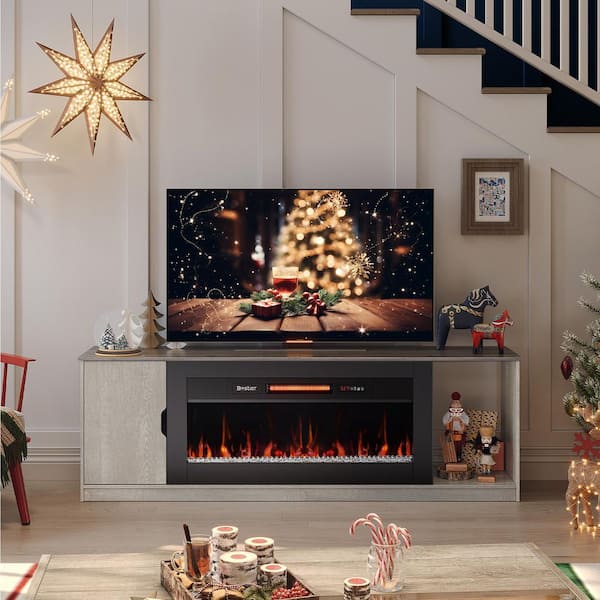 70 in. Freestanding Electric Fireplace TV Stand in Wash Black with Adjustable Shelves LED Entertainment Center