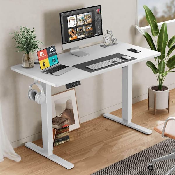 Homy Casa DENI 39.37 in. W White Electric Adjustable Height Standing Desk, Modern Wood and Metal Frame Stand-Up Desk