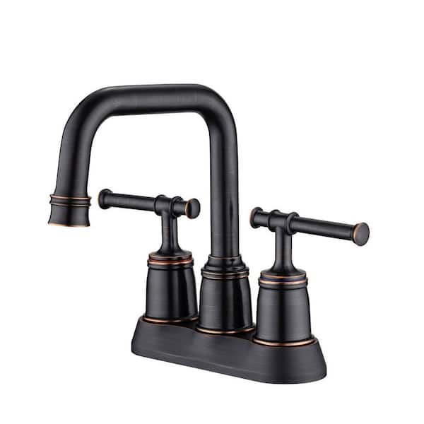 Flynama 4 Inch Centerset Double Handle High Arc Bathroom Sink Faucet with Lift Rod Drain in Oil-Rubbed Bronze