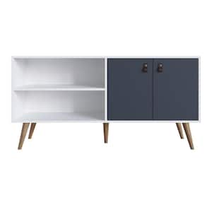 Amber 53.7 in. White and Blue tv Stand with Faux Leather Handles Fits tvs up to 50 in.