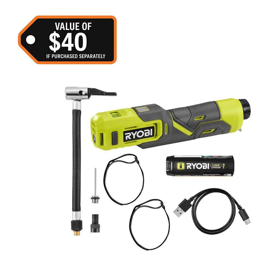 RYOBI USB Lithium Cordless Bike and Ball Pump Inflator Kit with 2.0 Ah USB Lithium Battery and Charging Cable FVIF51K