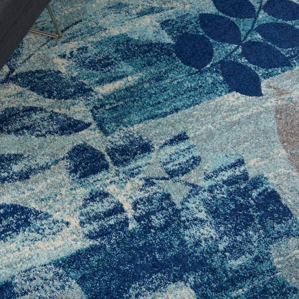 Navy and Light Blue Floral Synthetic 4' x 6' Area Rug