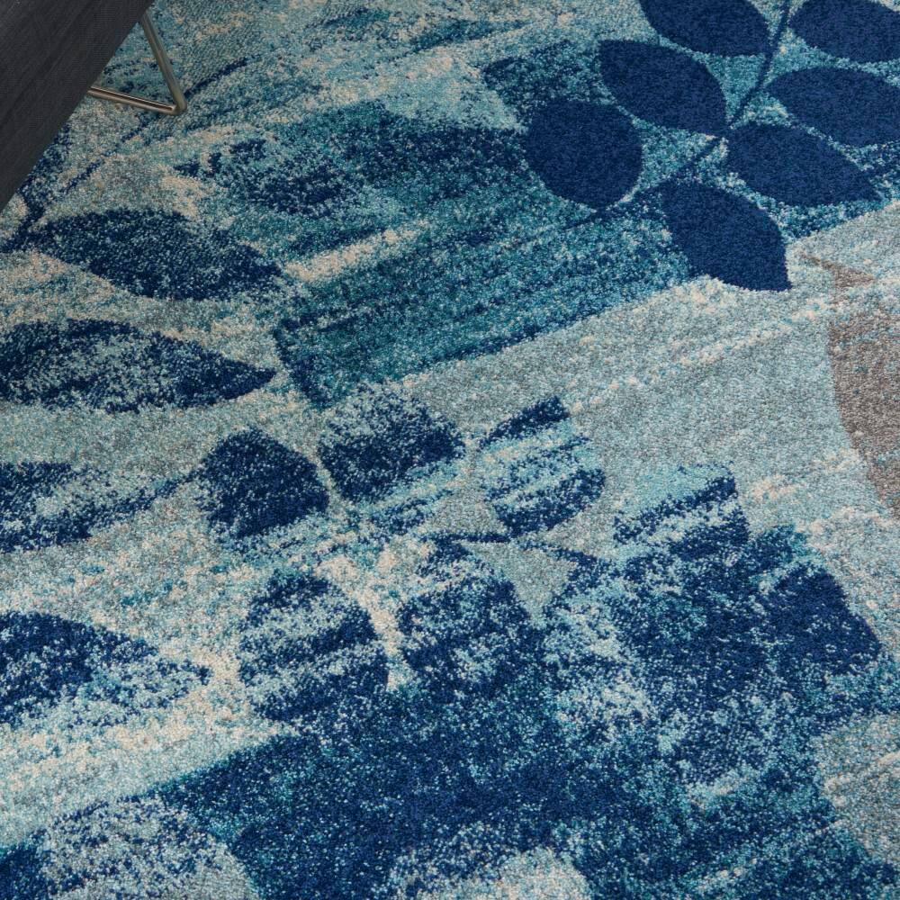 Navy and Light Blue Floral Synthetic 4' x 6' Area Rug