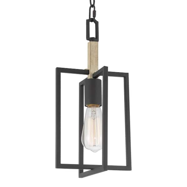 Sheffield 14.5 in. 60-Watt 1-Light Sandblasted Black with Bleached Oak Wood Style Open Lantern Design Pendant Light