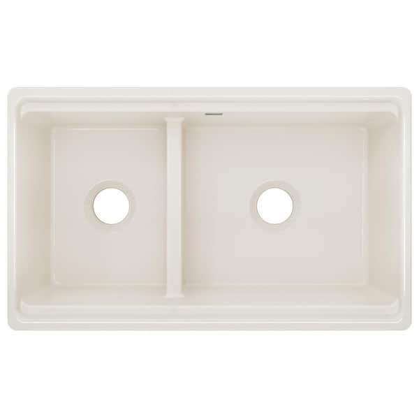 Elkay Farmhouse Apron Front Fireclay 33 in. Double Bowl Kitchen Sink in Biscuit with Aqua Divide