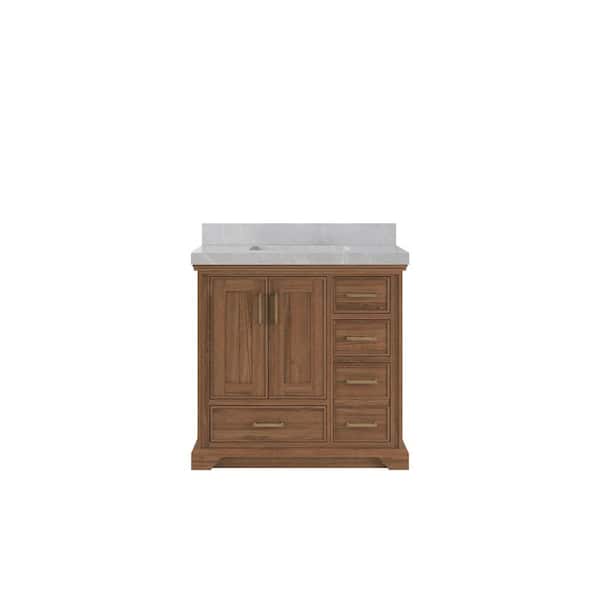 Willow Collections Charlotte Teak 36 in. W x 22 in. D x 36 in. H Center Sink Bath Vanity in Dark Natural with 2" Pearl Gray Quartz Top
