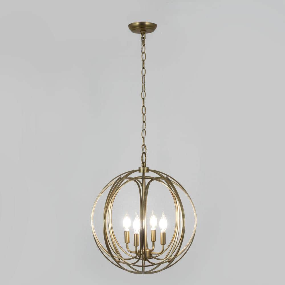 Satin Brass 4-Light Globe Chandelier with Candle Bulbs