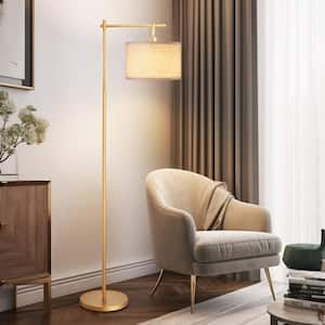 63 in. Gold 1-Light Arched Floor Lamp for Living Room with Fabric Drum Shade