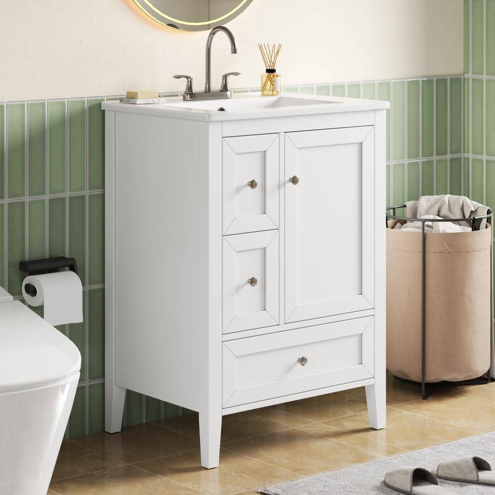 "24"" White Modern Vanity Sink, Wood Legs, Soft-Close Drawers & Storage Rack" price history on PriceWatchPro