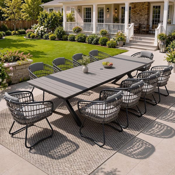 11-Piece Aluminum Outdoor Dining Set with 118 in. Table 10 Wicker Rattan Chairs with Cushions and Back Pillows in Gray