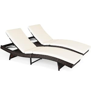 Foldable Rattan Patio Chaise Lounge Chair with 5 Back Positions White Cushion (Set of 2)