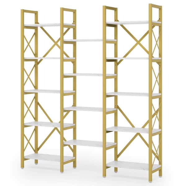 Tribesigns Earlimart 59 in. Wide Gold and White Engineered Wood and Metal 5-Shelf Etagere Bookcase with 14 Open Bookshelf