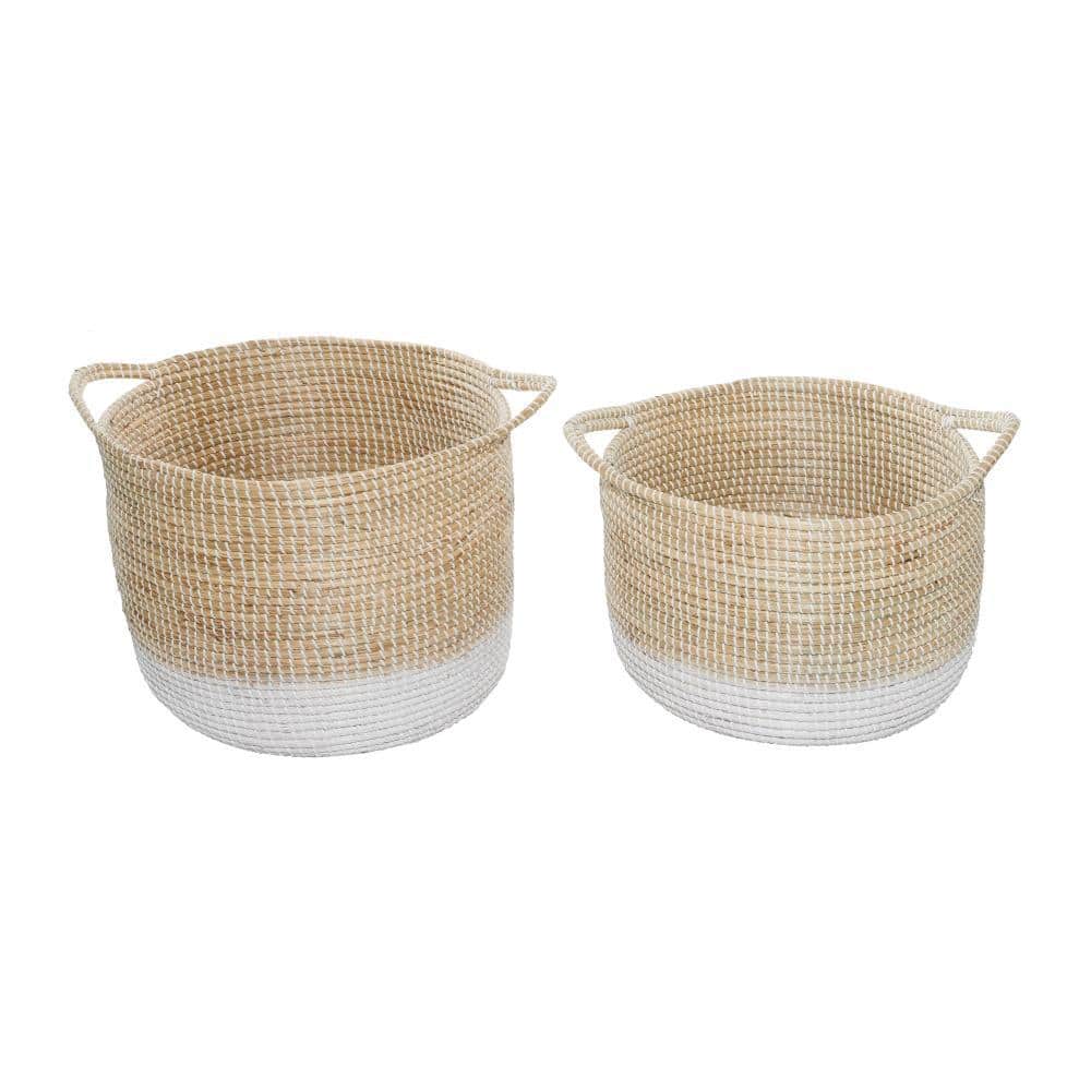 Handwoven White and Natural Seagrass Round Storage Baskets, Set of 2
