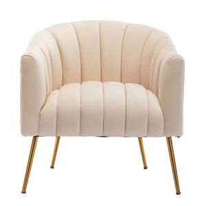 Classic Strip Beige Tufting Velvet Accent Chair Living Room Barrel Chair with Golden Metal Leg