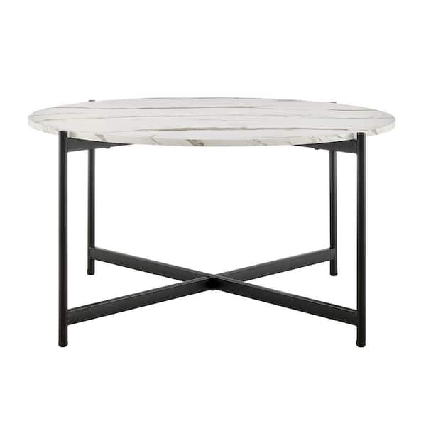 35.2 in. Round Contemporary Marble Finish Veneer Top Black Metal Large Coffee Table - White Marble