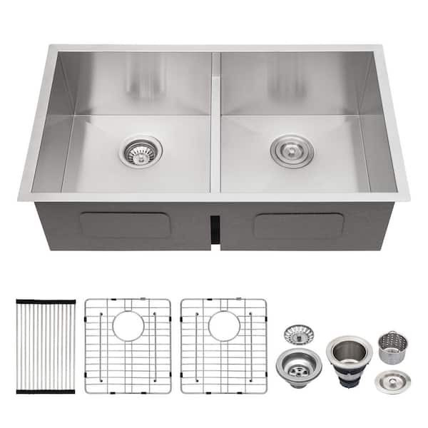 33 in. Undermount Double Bowl (50/50) 16 Gauge Brushed Nickel Stainless Steel Kitchen Sink with Bottom Grids