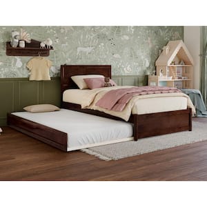 Lylah Walnut Brown Solid Wood Frame Twin Platform Bed with Panel Footboard and Twin Trundle