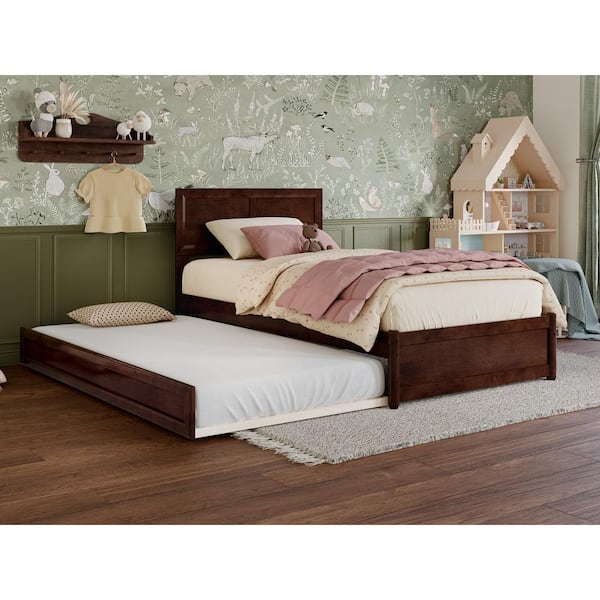 AFI Lylah Walnut Brown Solid Wood Frame Twin Platform Bed with Panel Footboard and Twin Trundle