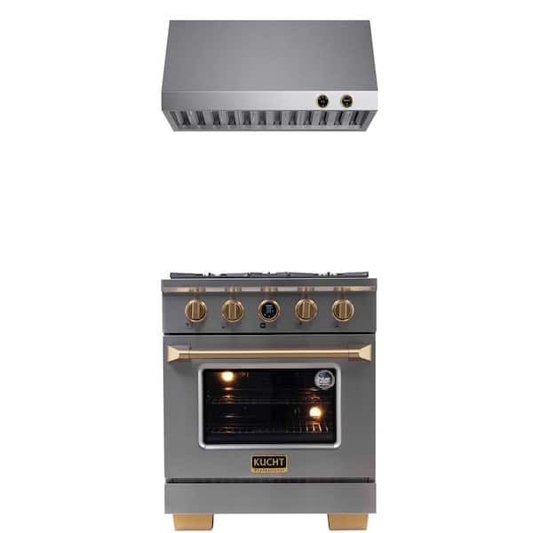 Kucht 30 in. 4.2 cu. ft. 4 Burners Dual Fuel Range for Propane Gas in Stainless Steel and Gold + Under Cabinet Range Hood