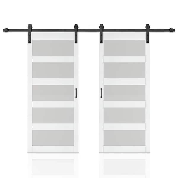 Calhome 84 in. x 84 in. 5 Lite Tempered Frosted Glass White Finished Composite Double Sliding Barn Door with Hardware Kit Handle
