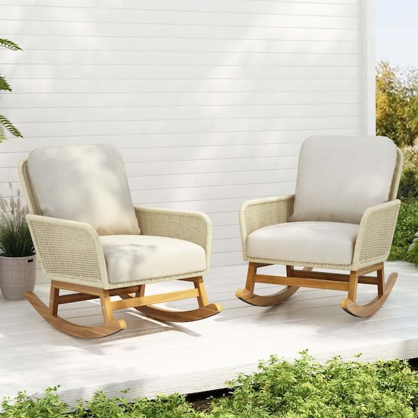 Unbranded Ivory Beige Wood Outdoor Rocking Chair with Ivory Beige Cushions, Lounge Rocker Chair for Balcony Porch Garden-Set of 2