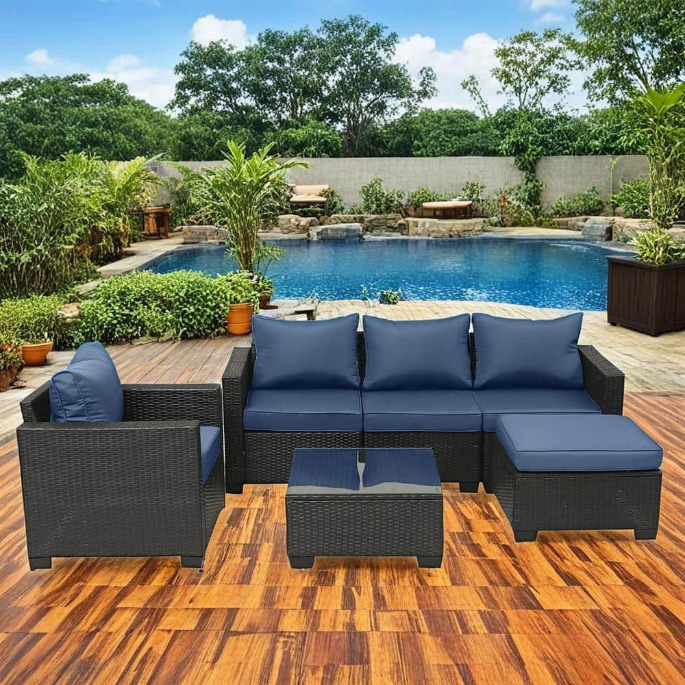 6-Piece Dark Brown Hand Woven PE Wicker Outdoor Patio Sectional Sofa Set wi