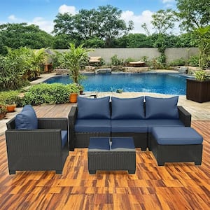 6-Piece Dark Brown Hand Woven PE Wicker Outdoor Patio Sectional Sofa Set with Dark Blue Cushions