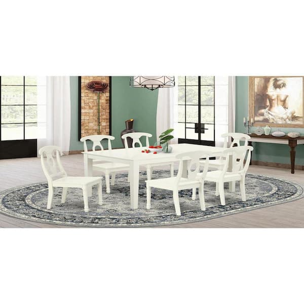 East West Furniture 7-Piece Rectangle Linen White Finish Solid Wood Top Dining Table with 6 Chairs with Lattice Back