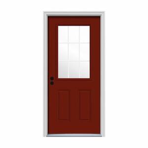32 in. x 80 in. 9 Lite Mesa Red w/ White Interior Steel Prehung Right-Hand Inswing Back Door w/Brickmould